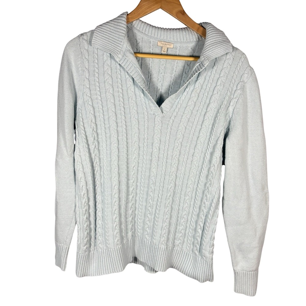 Talbots Cable Knit Sweater Light‎ Blue Collar VNeck Womens Large Academic Preppy